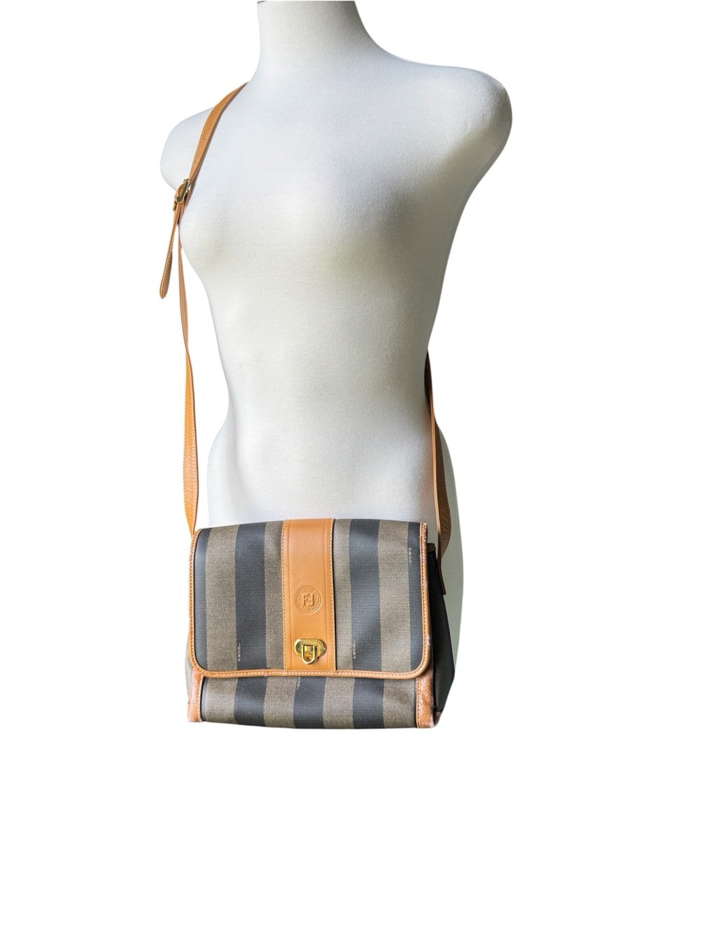 Fendi Striped Canvas Crossbody Bag in Brown and Tan